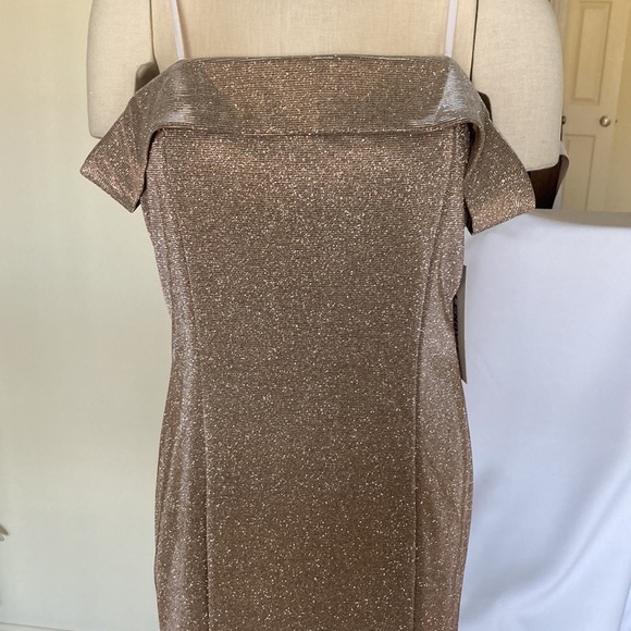 Gold shiny off shoulder formal gown, Sz 2XL - Picture 2 of 6